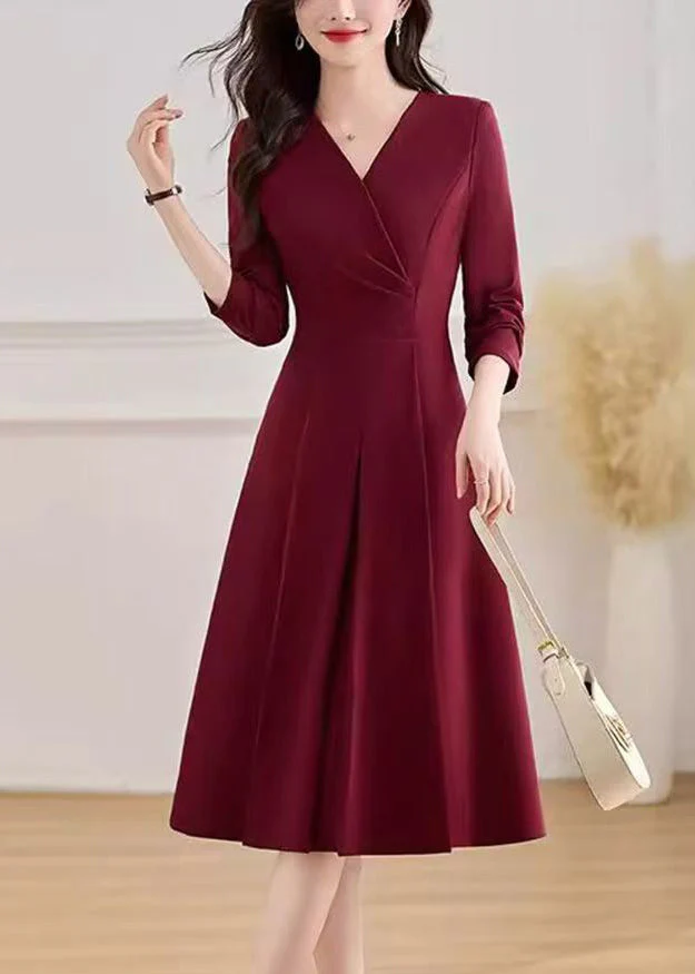 Slim Fit Red V Neck Maxi Dresses Fall - Image 2