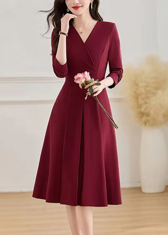 Slim Fit Red V Neck Maxi Dresses Fall - Image 3