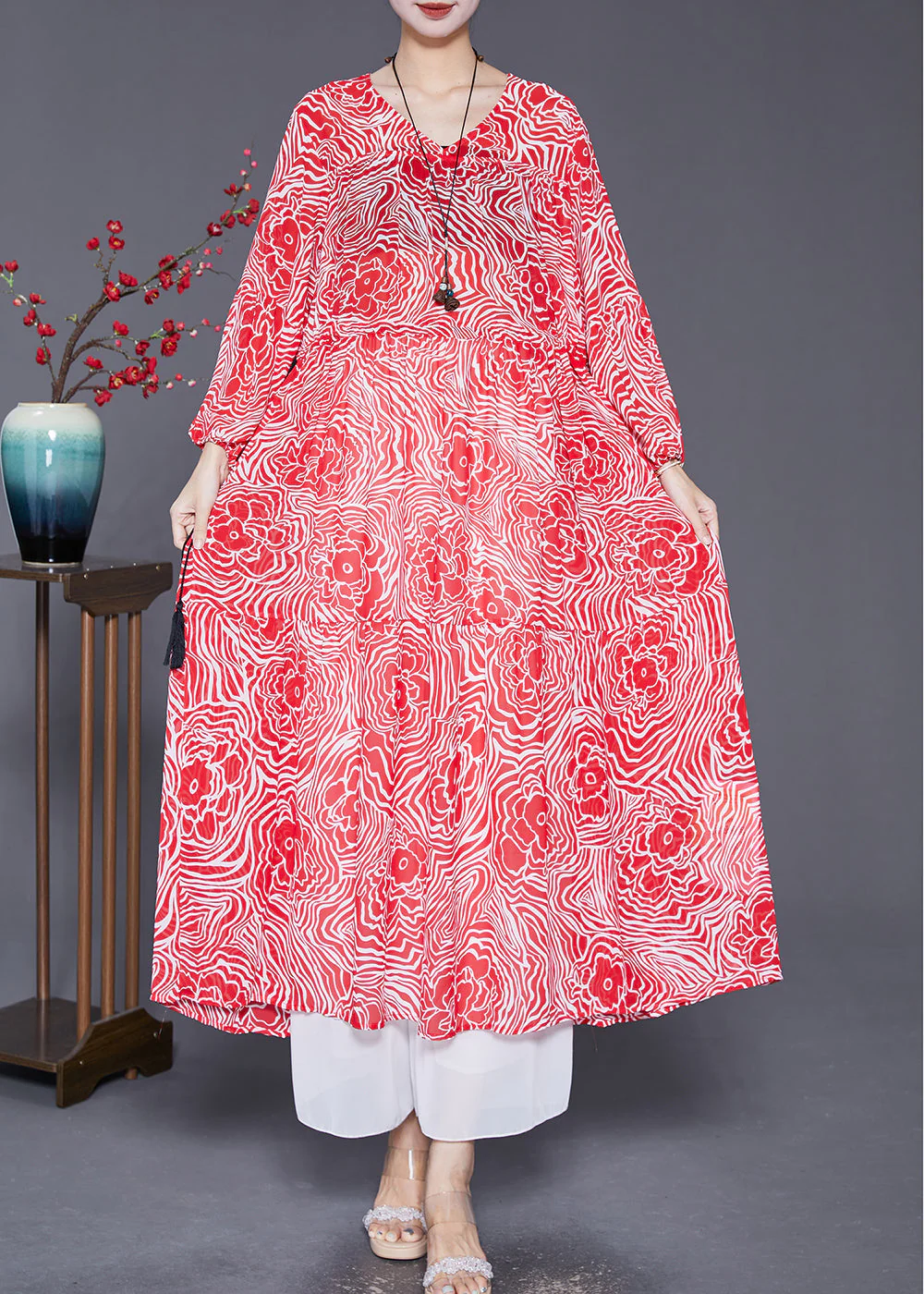 Slim Fit Red V Neck Print Chiffon Maxi Dresses Fall - Image 2