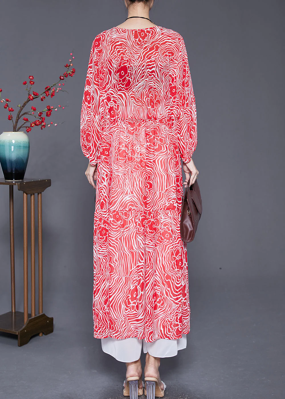 Slim Fit Red V Neck Print Chiffon Maxi Dresses Fall - Image 3