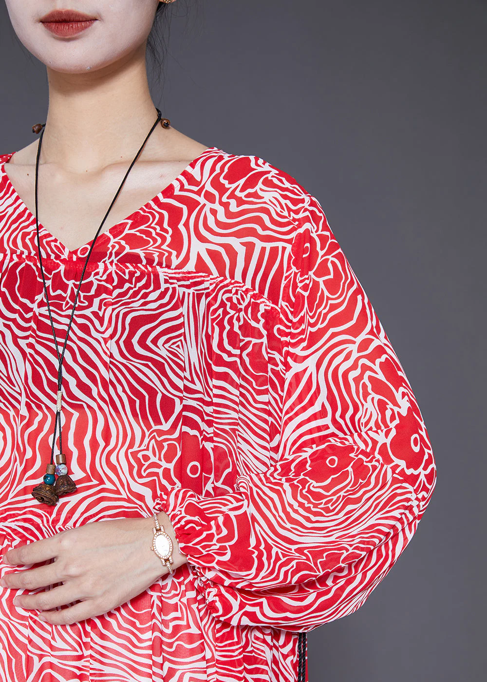 Slim Fit Red V Neck Print Chiffon Maxi Dresses Fall - Image 4