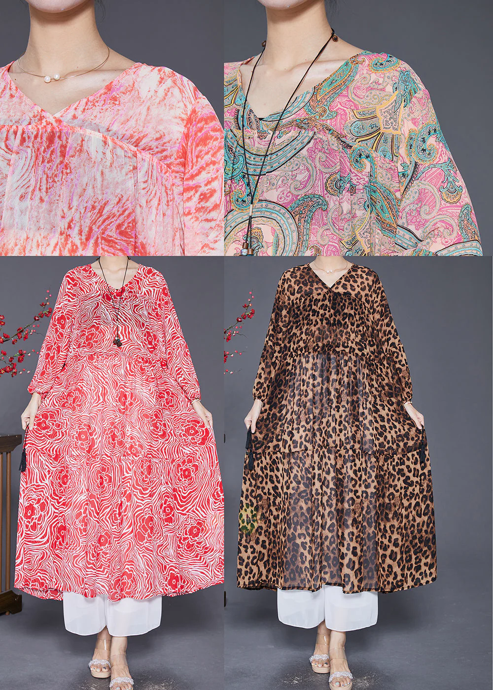 Slim Fit Red V Neck Print Chiffon Maxi Dresses Fall - Image 5