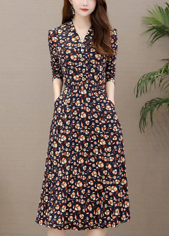 Slim Fit Red V Neck Print Long Dress Long Sleeve - Image 2