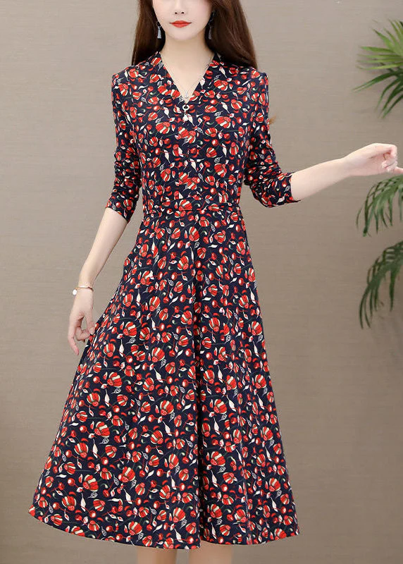 Slim Fit Red V Neck Print Long Dress Long Sleeve - Image 3