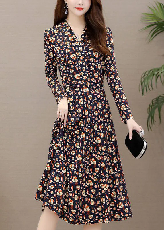 Slim Fit Red V Neck Print Long Dress Long Sleeve - Image 4