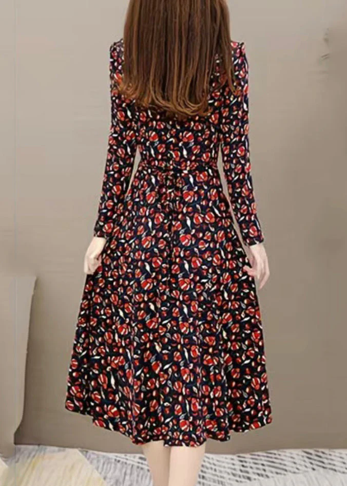 Slim Fit Red V Neck Print Long Dress Long Sleeve - Image 5