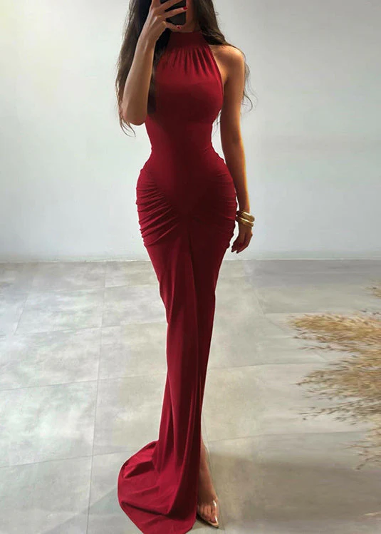 Slim Fit Red Wrinkled Side Open Cotton Long Dress Sleeveless - Image 2