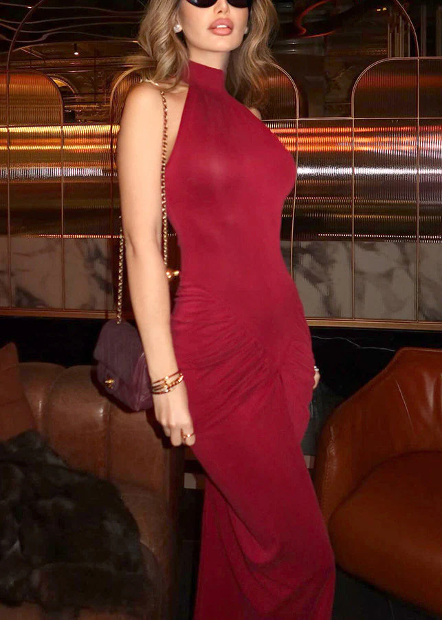 Slim Fit Red Wrinkled Side Open Cotton Long Dress Sleeveless - Image 3