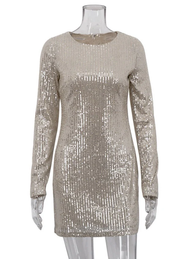 Slim Fit Silver O-Neck Patchwork Sequins Mid Dress Fall - Image 5