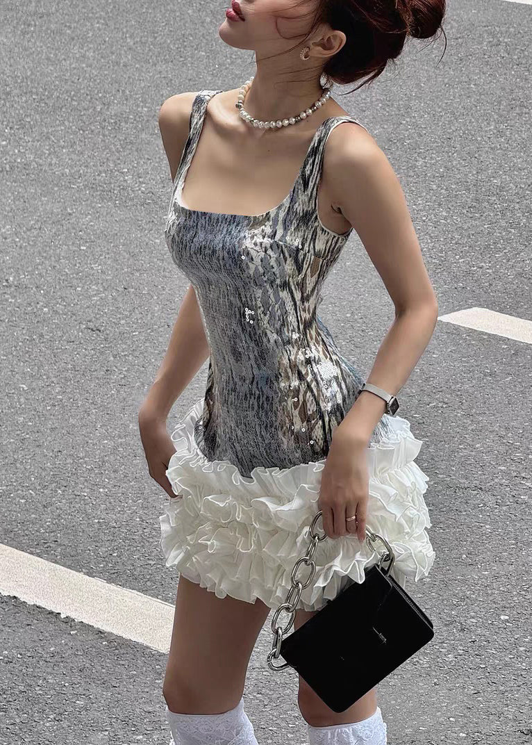 Slim Fit Silver Sequins Ruffled Patchwork Spaghetti Strap Dress Sleeveless - Image 3
