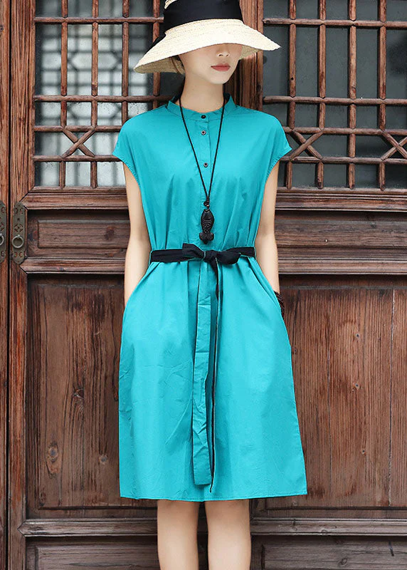 Slim Fit Sky Blue Stand Collar Tie Waist Cotton Dress Short Sleeve