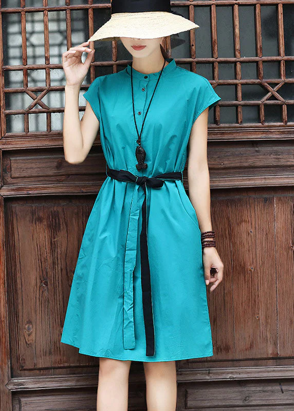 Slim Fit Sky Blue Stand Collar Tie Waist Cotton Dress Short Sleeve - Image 2