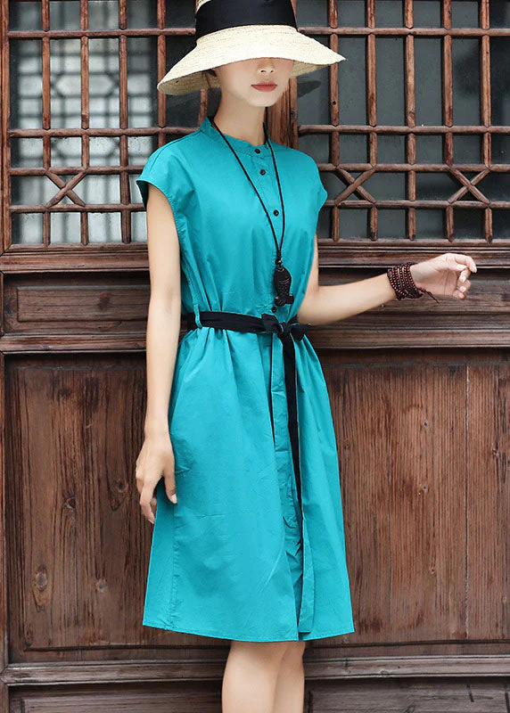 Slim Fit Sky Blue Stand Collar Tie Waist Cotton Dress Short Sleeve - Image 3