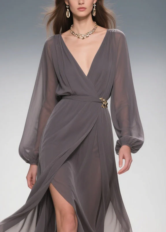 Slim Fit Smoky Gray V Neck Side Open Chiffon Long Dress Spring - Image 2