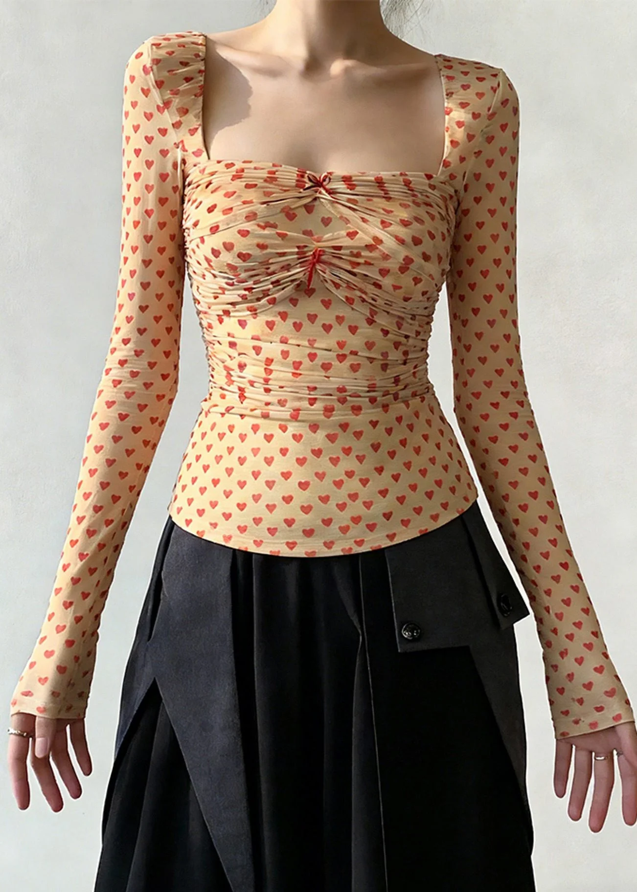 Slim Fit Square Collar Loving Heart Wrinkled Tulle T Shirts Spring - Image 2