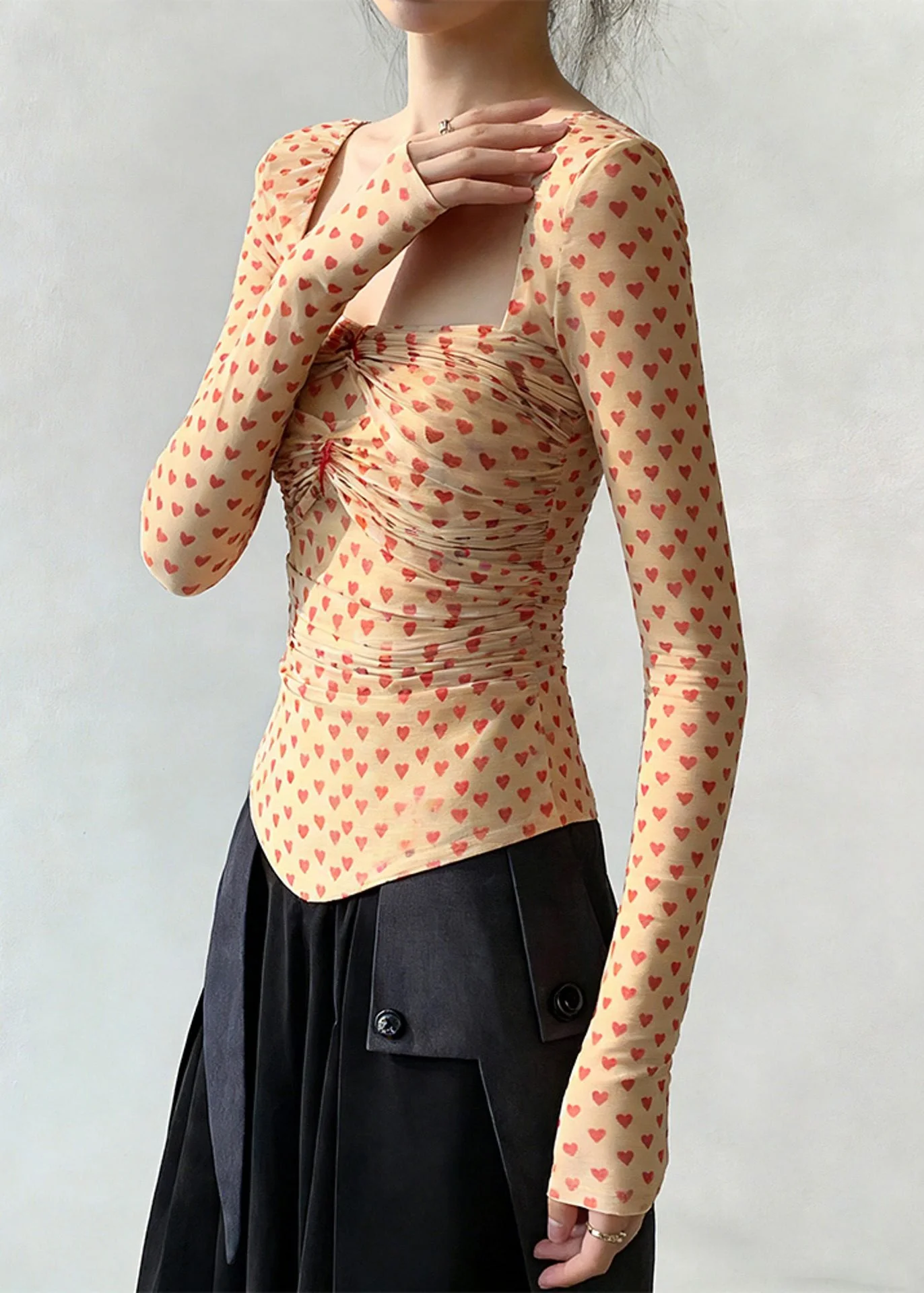 Slim Fit Square Collar Loving Heart Wrinkled Tulle T Shirts Spring - Image 4