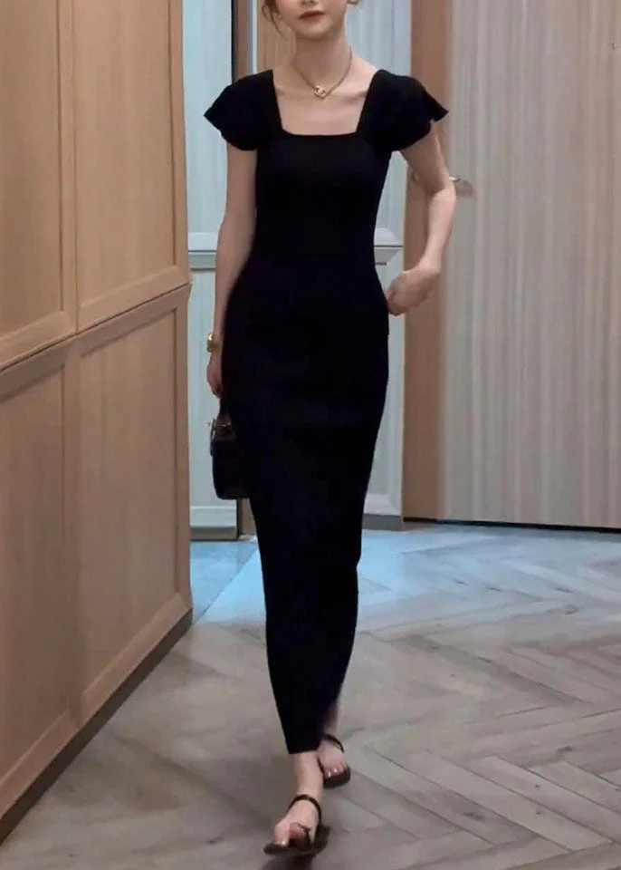 Slim Fit Square Collar Striped Pockets Cotton Long Dresses Summer - Image 2