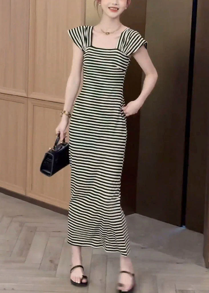 Slim Fit Square Collar Striped Pockets Cotton Long Dresses Summer - Image 3