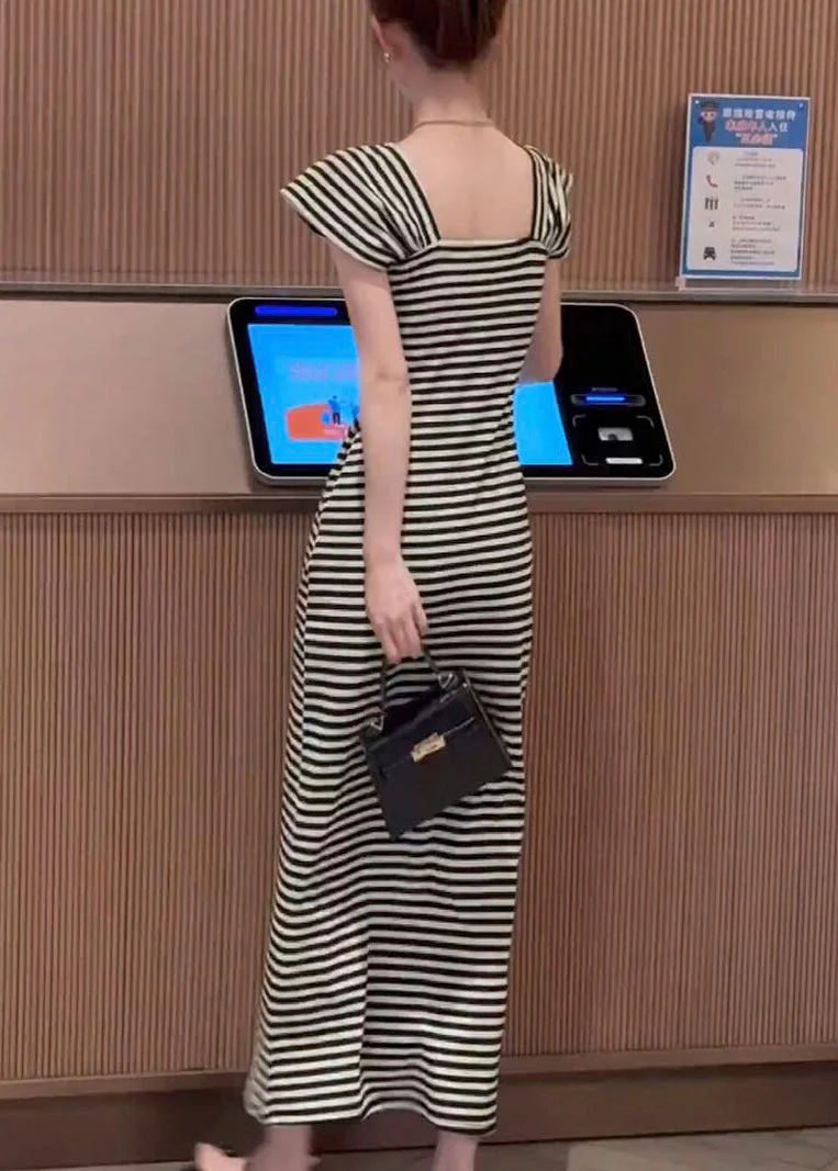 Slim Fit Square Collar Striped Pockets Cotton Long Dresses Summer - Image 5
