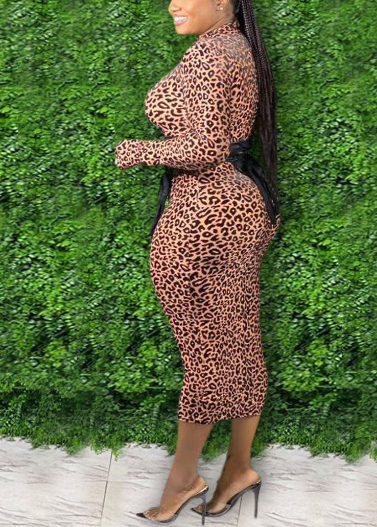 Slim Fit Stand Collar Leopard Print Wraped Vacation Dress Long Sleeve - Image 2
