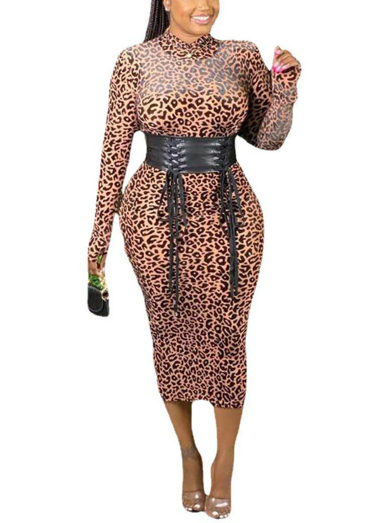 Slim Fit Stand Collar Leopard Print Wraped Vacation Dress Long Sleeve - Image 4