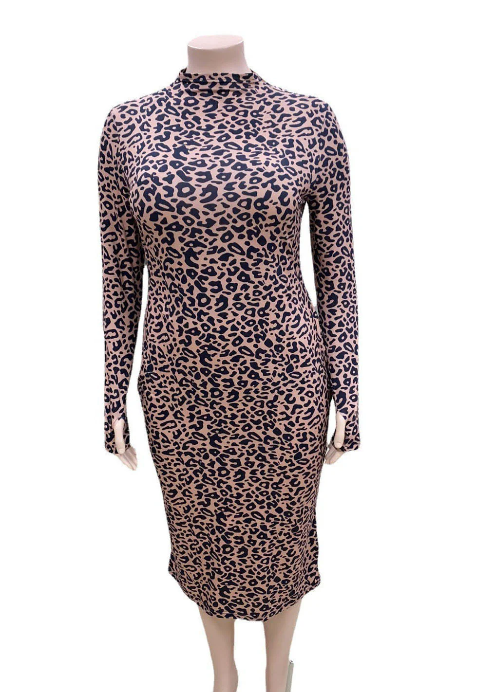 Slim Fit Stand Collar Leopard Print Wraped Vacation Dress Long Sleeve - Image 5