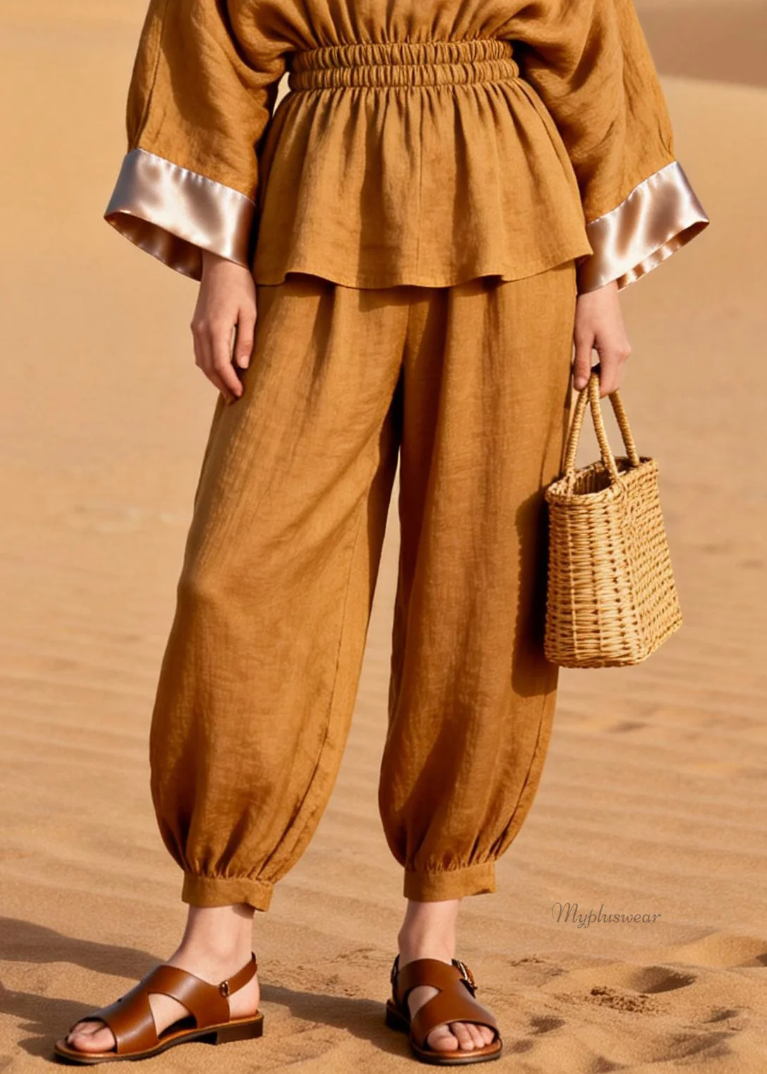 Slim Fit V Neck Elastic Waist Silk Patchwork Two Pieces Set Spring - Image 4