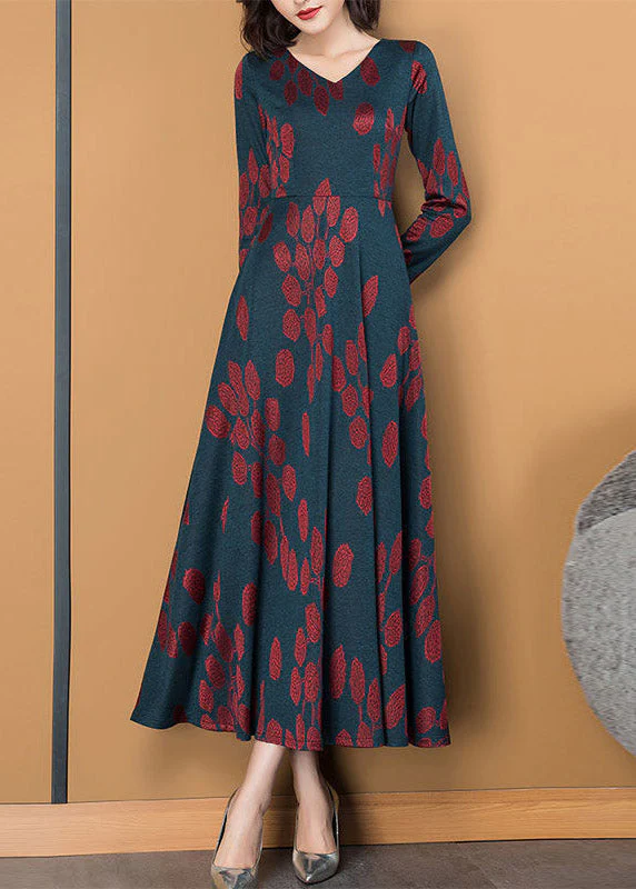 Slim Fit V Neck Print Exra Large Hem Silk Maxi Dress Long Sleeve - Image 4