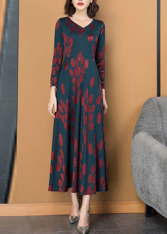 Slim Fit V Neck Print Exra Large Hem Silk Maxi Dress Long Sleeve - Image 5