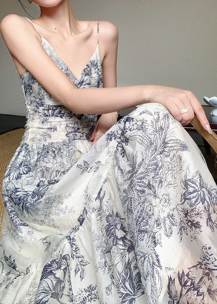 Slim Fit V Neck Print Long Spaghetti Strap Dress Sleeveless - Image 5