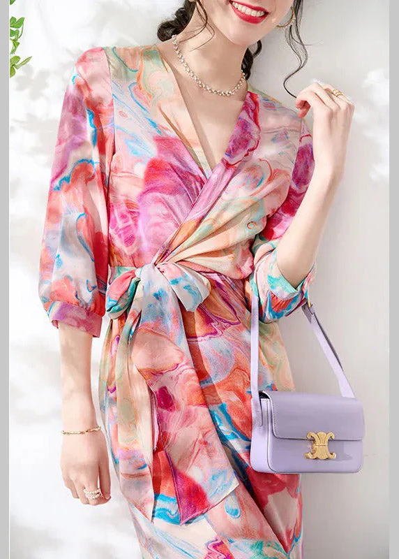 Slim Fit V Neck Print Tie Waist Silk Maxi Dresses Long Sleeve - Image 2