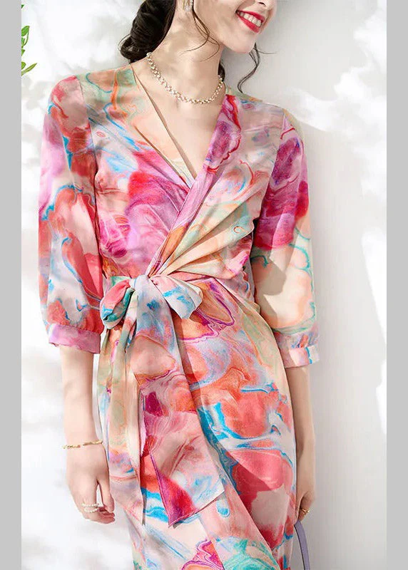 Slim Fit V Neck Print Tie Waist Silk Maxi Dresses Long Sleeve - Image 3