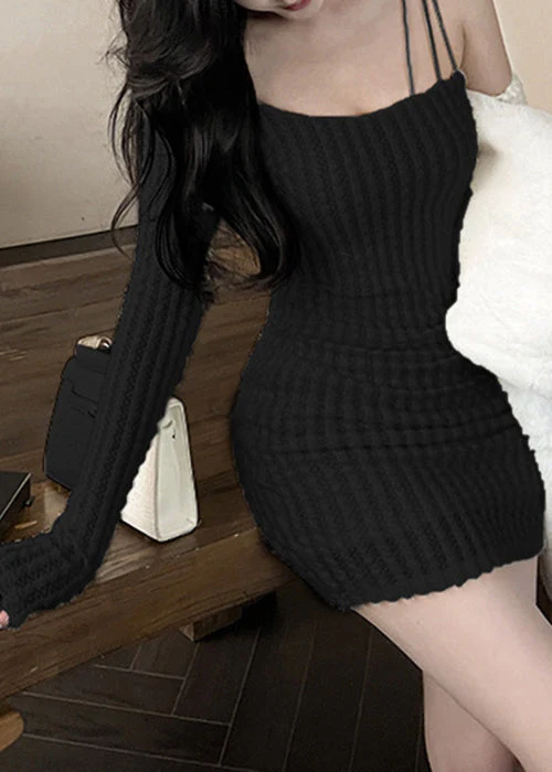 Slim Fit White Asymmetrical Solid Knit Mid Dress Spring - Image 5