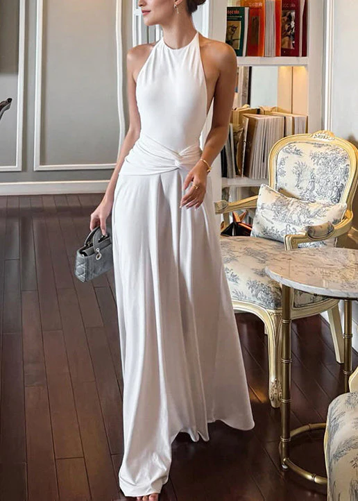 Slim Fit White Backless Cotton Ankle Dress Sleeveless - Image 2