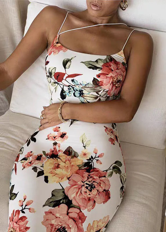 Slim Fit White Cold Shoulder Print Cotton Spaghetti Strap Dress Sleeveless - Image 3
