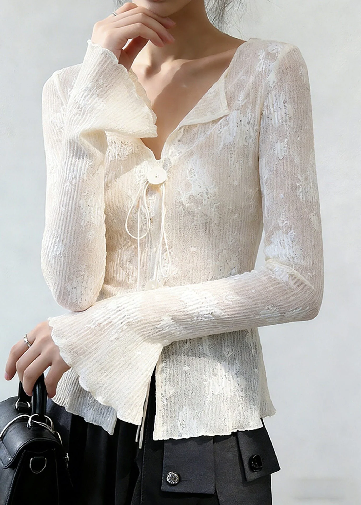 Slim Fit White Embroidered Lace Up Thin Shirts Flare Sleeve - Image 2