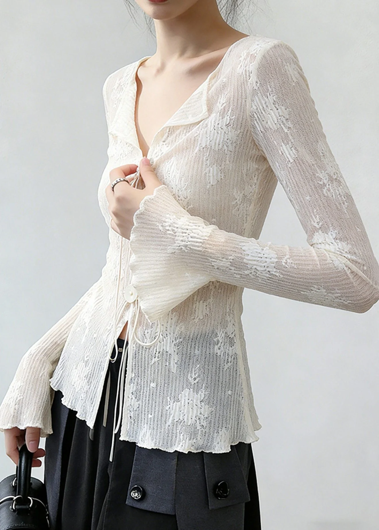 Slim Fit White Embroidered Lace Up Thin Shirts Flare Sleeve - Image 4