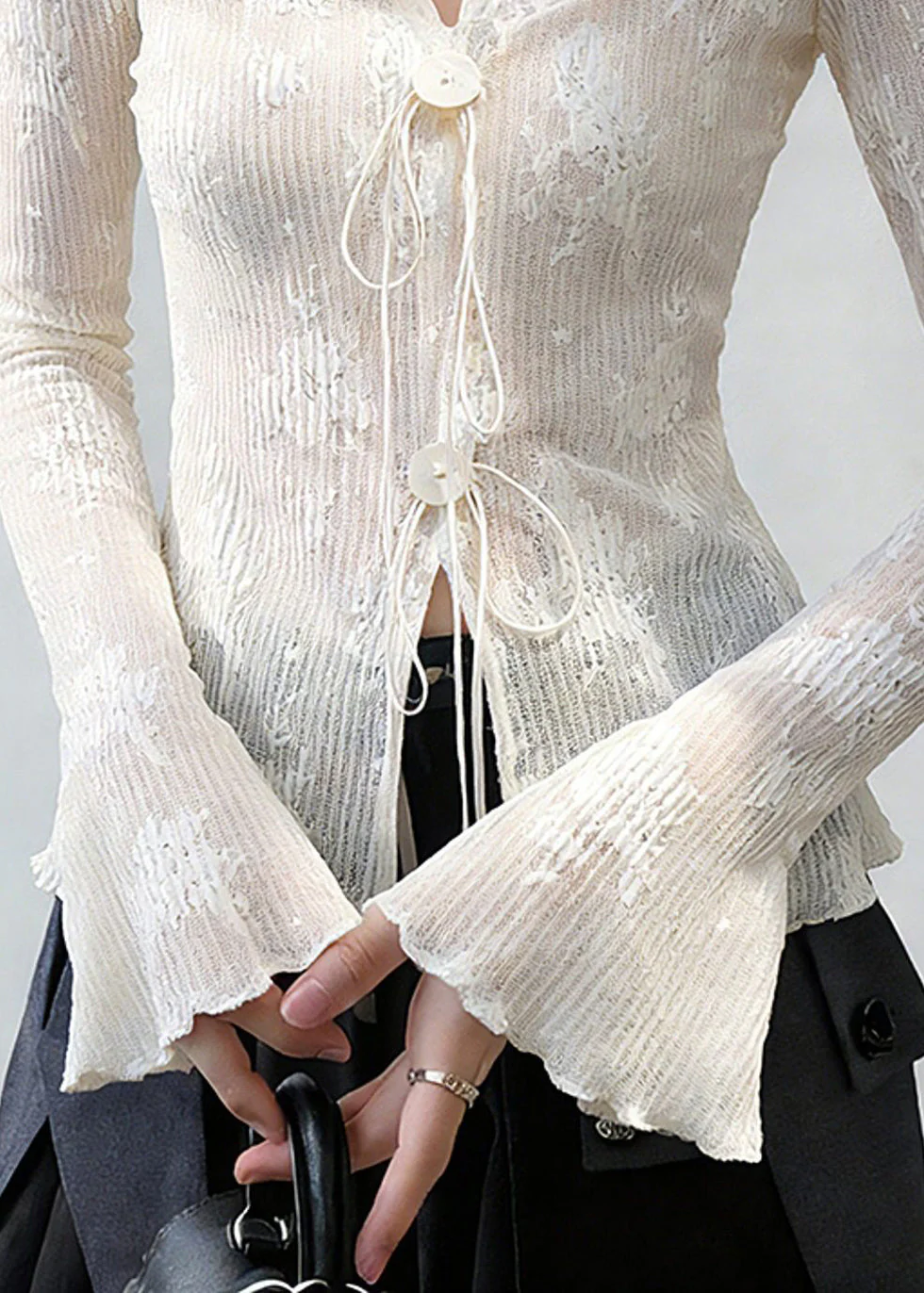 Slim Fit White Embroidered Lace Up Thin Shirts Flare Sleeve - Image 5