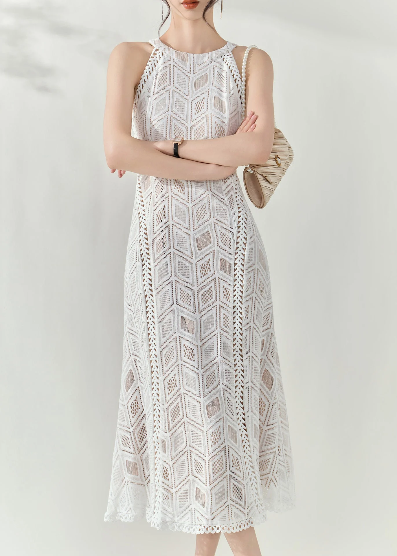 Slim Fit White Halter Hollow Out Lace Long Dresses Summer - Image 2