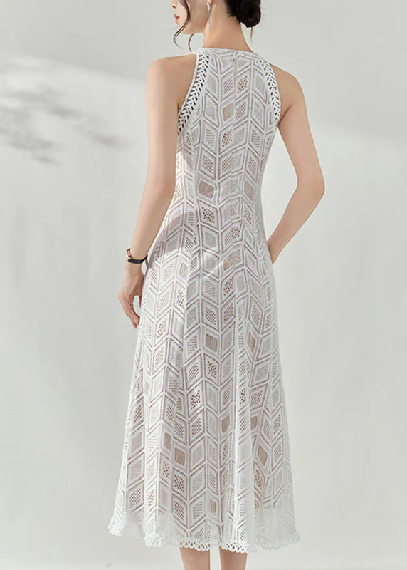 Slim Fit White Halter Hollow Out Lace Long Dresses Summer - Image 5