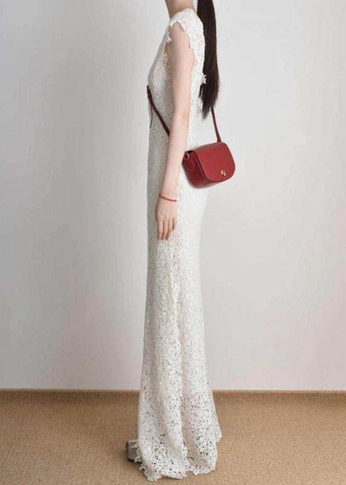 Slim Fit White Holiday Lace Long Dress O-Neck Short Sleeve - Image 2