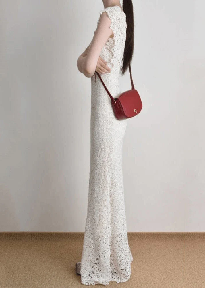 Slim Fit White Holiday Lace Long Dress O-Neck Short Sleeve - Image 4