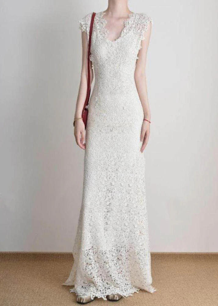 Slim Fit White Holiday Lace Long Dress O-Neck Short Sleeve - Image 5