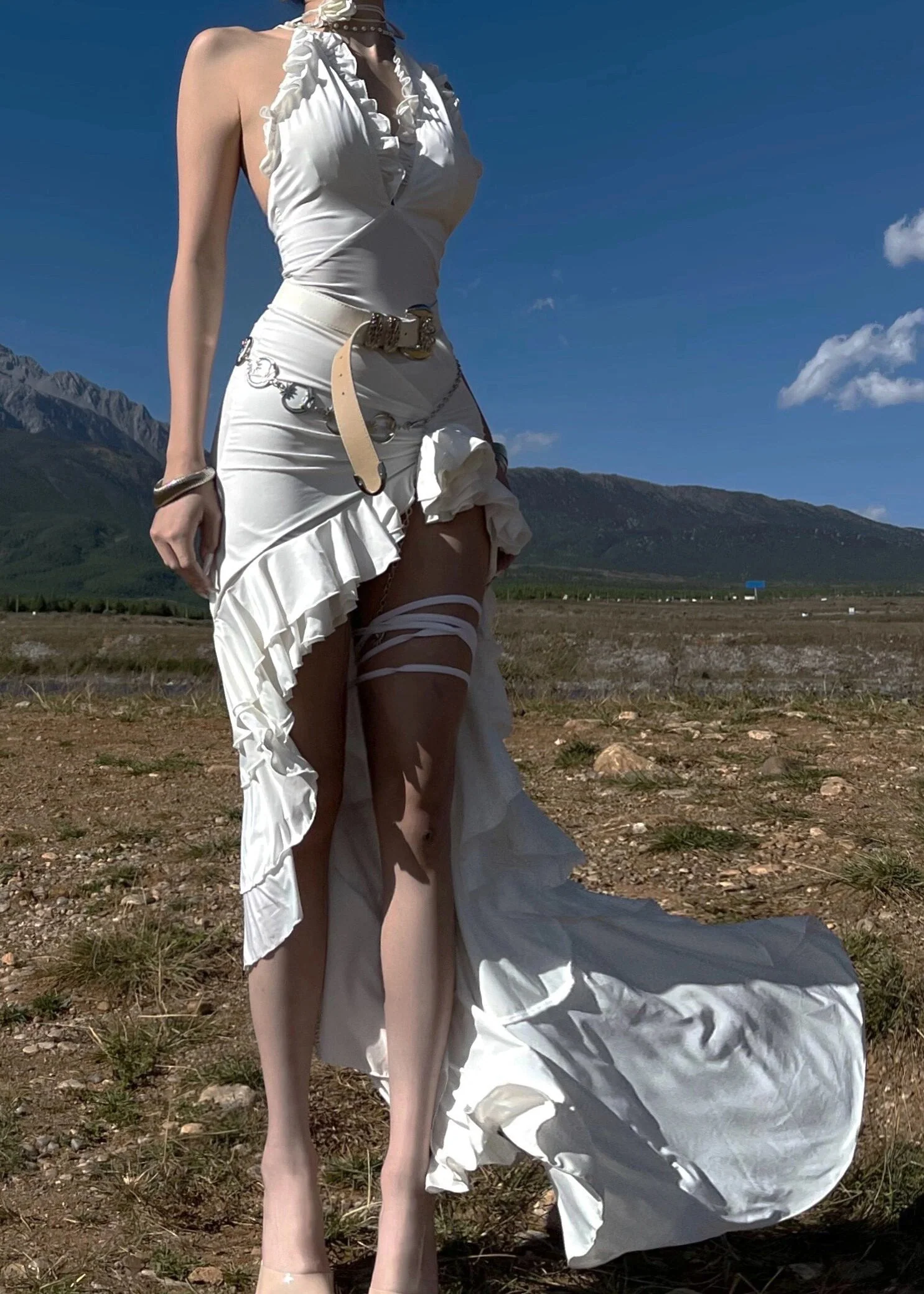 Slim Fit White Ruffled Lace Up Low High Design Cotton Dress Sleeveless - Image 2