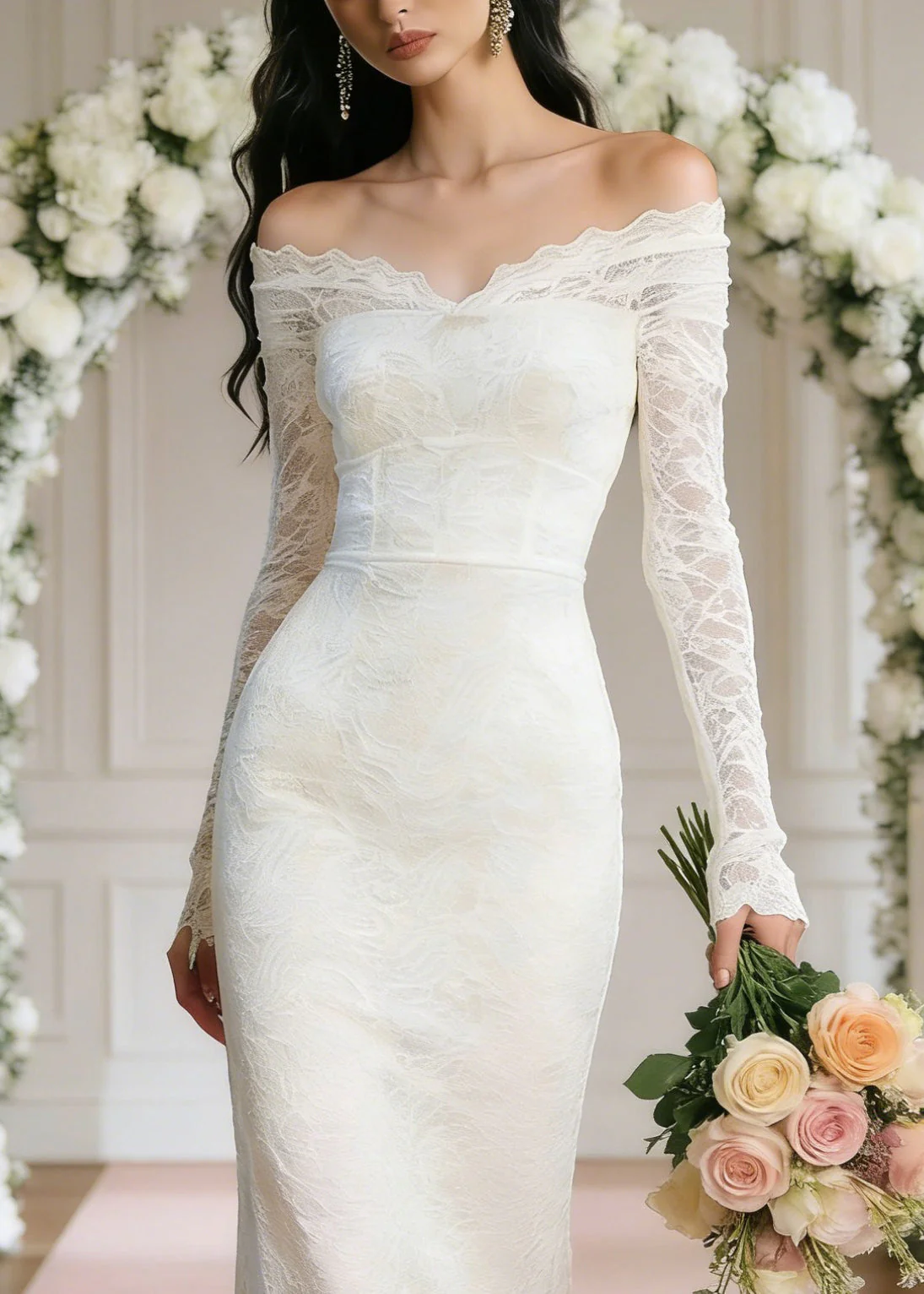Slim Fit White Slash Neck High Waist Solid Long Dresses Spring - Image 2