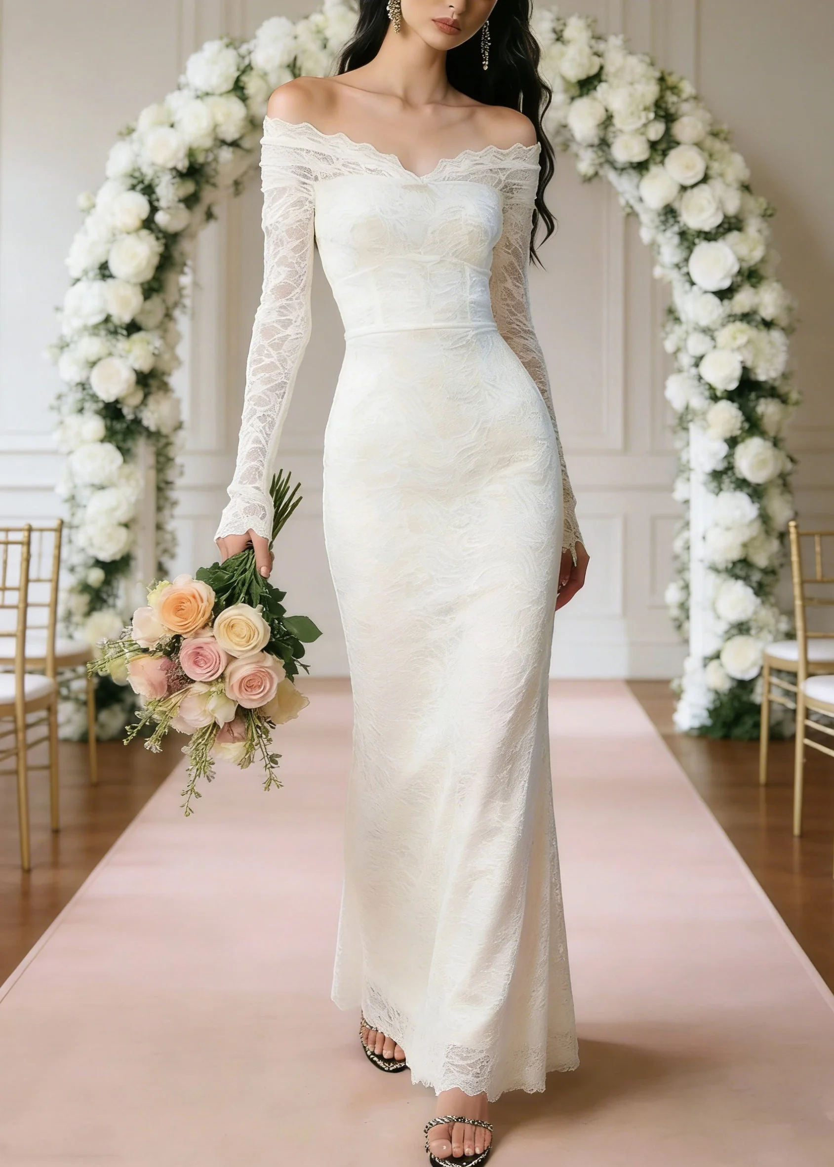 Slim Fit White Slash Neck High Waist Solid Long Dresses Spring - Image 3