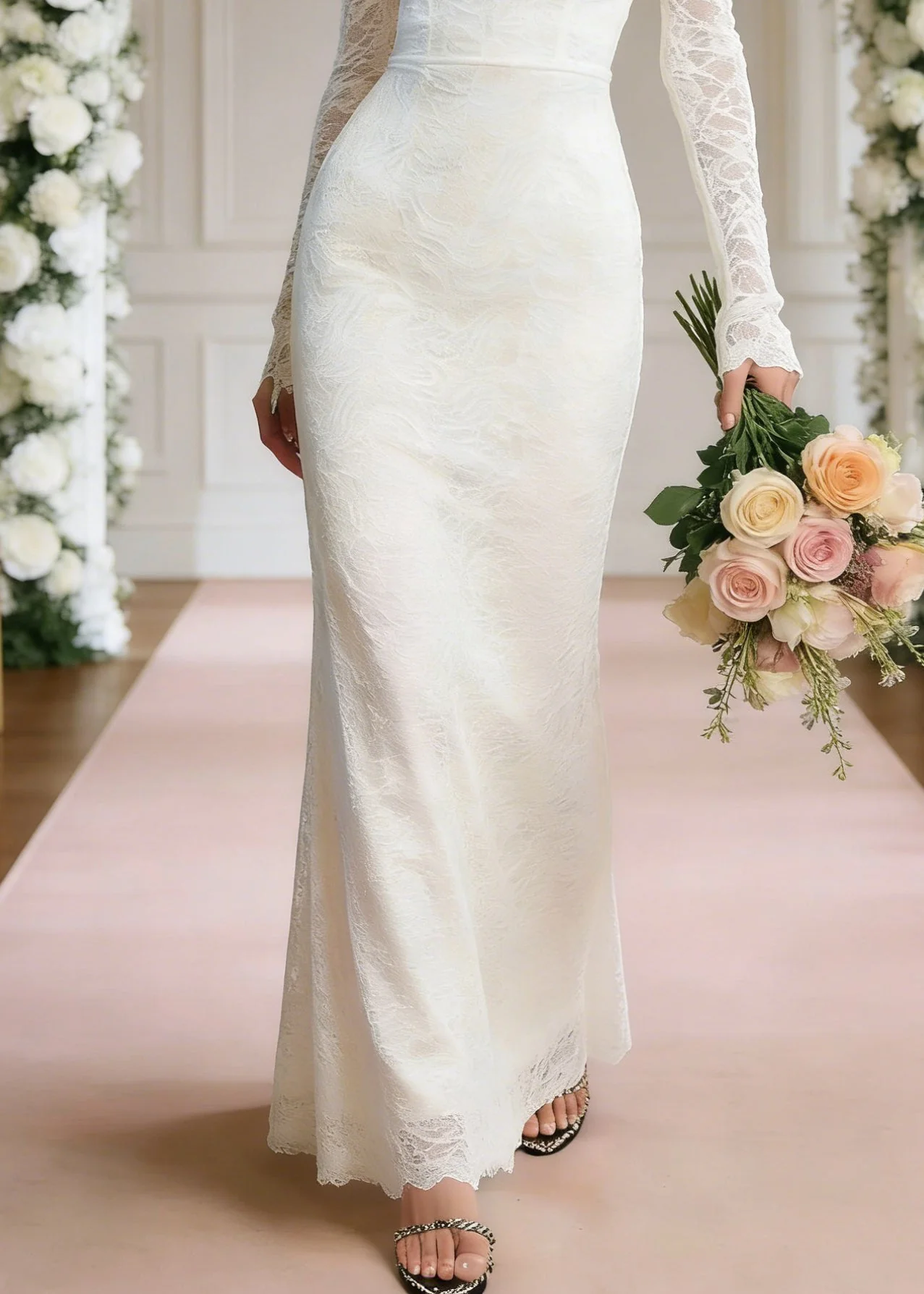 Slim Fit White Slash Neck High Waist Solid Long Dresses Spring - Image 4