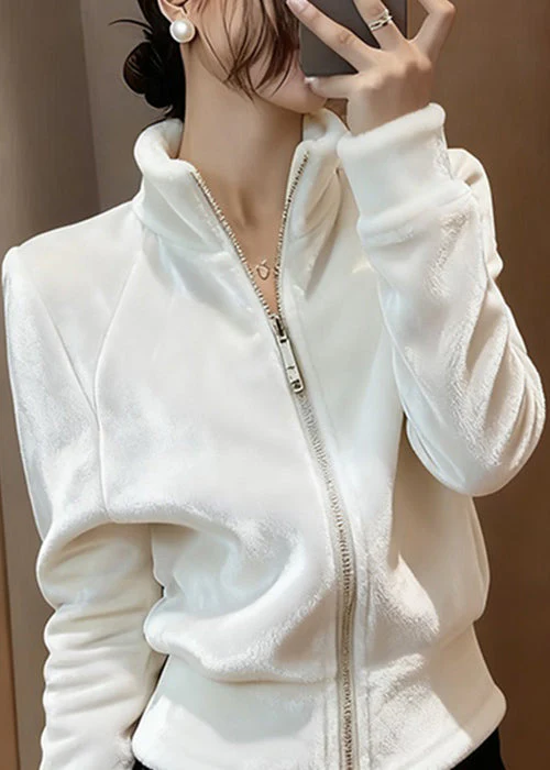 Slim Fit White Stand Collar Zip Up Solid Silk Velvet Coats Spring - Image 3