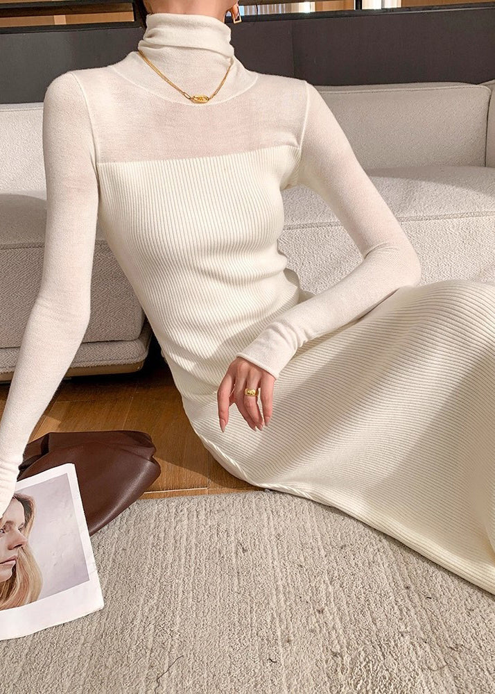 Slim Fit White Turtleneck Solid Knit Long Dress Winter - Image 5