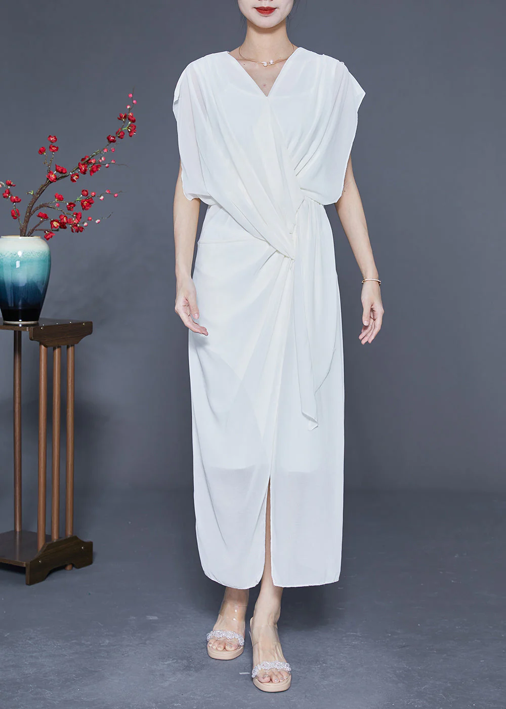 Slim Fit White V Neck Asymmetrical Cross Chiffon Holiday Dress Summer - Image 2